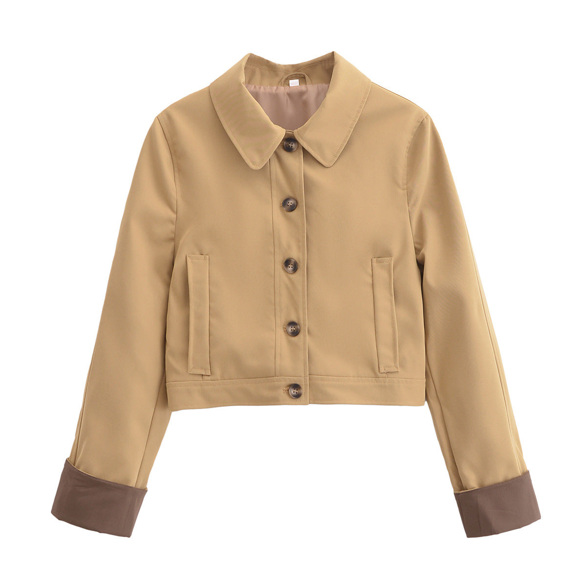 Women's Cropped Utility Jacket with Shirt Collar, Contrasting Turn-Up Cuffs and Continuous Button Placket Chichicherry