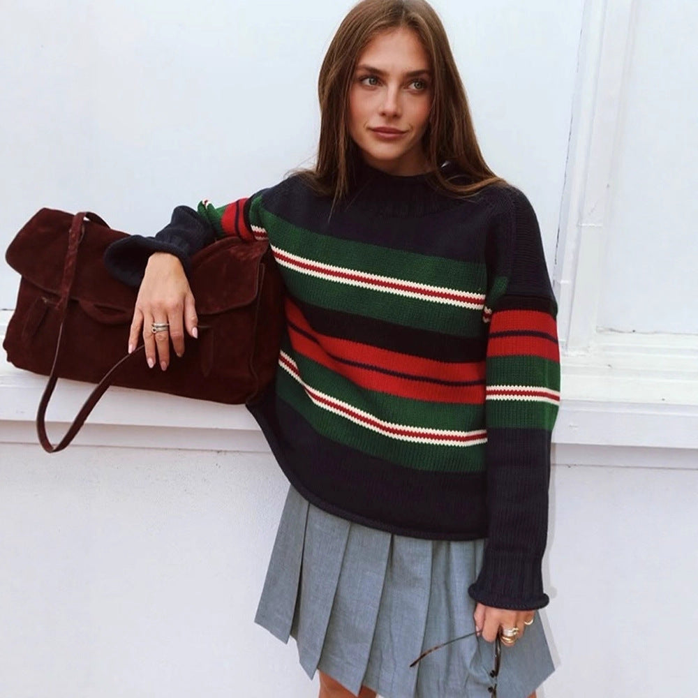 Women Striped Oversize Knit Sweater with Raglan Sleeves Chichicherry