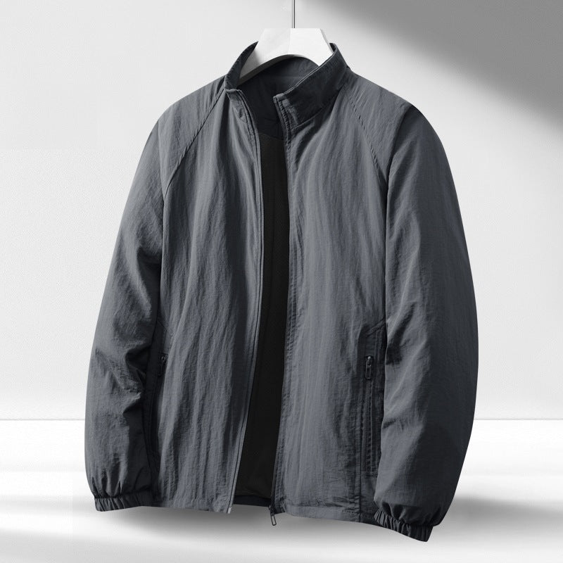 Men's Lightweight Windproof Zip-Up Blouson Jacket with Stand-Up Collar and Elastic Cuffs Chichicherry