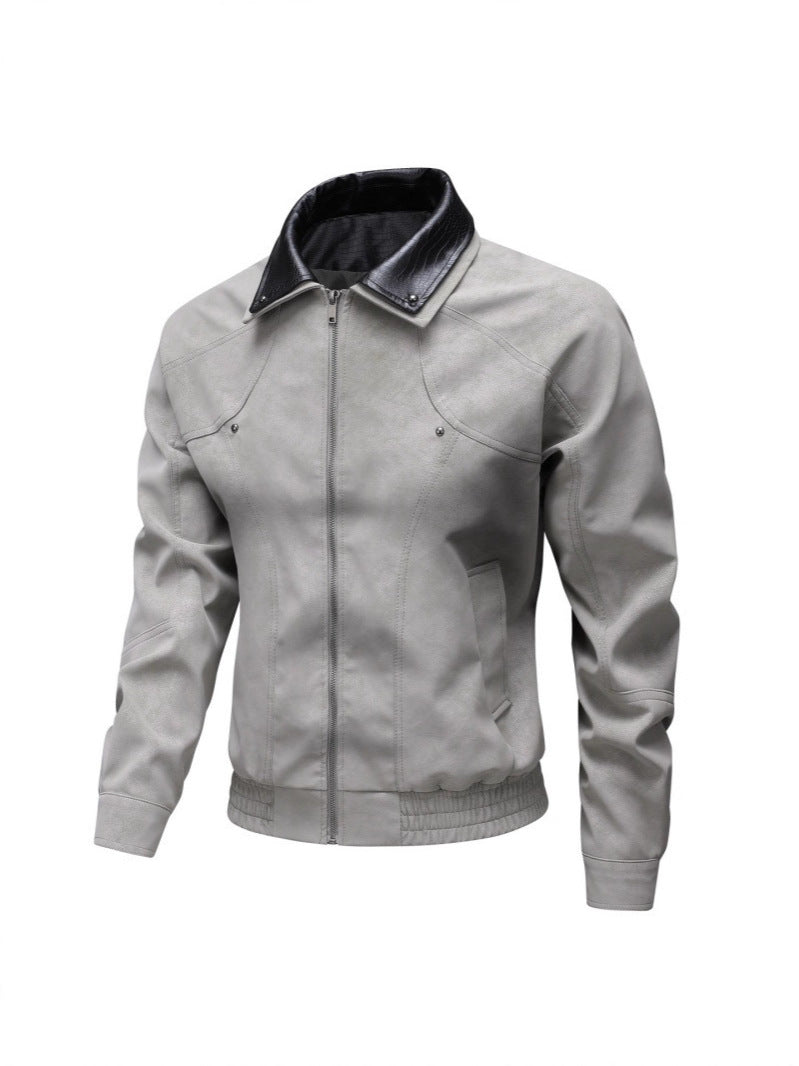 Men's Vintage-inspired Faux Leather Blouson Jacket with Contrast Collar Chichicherry