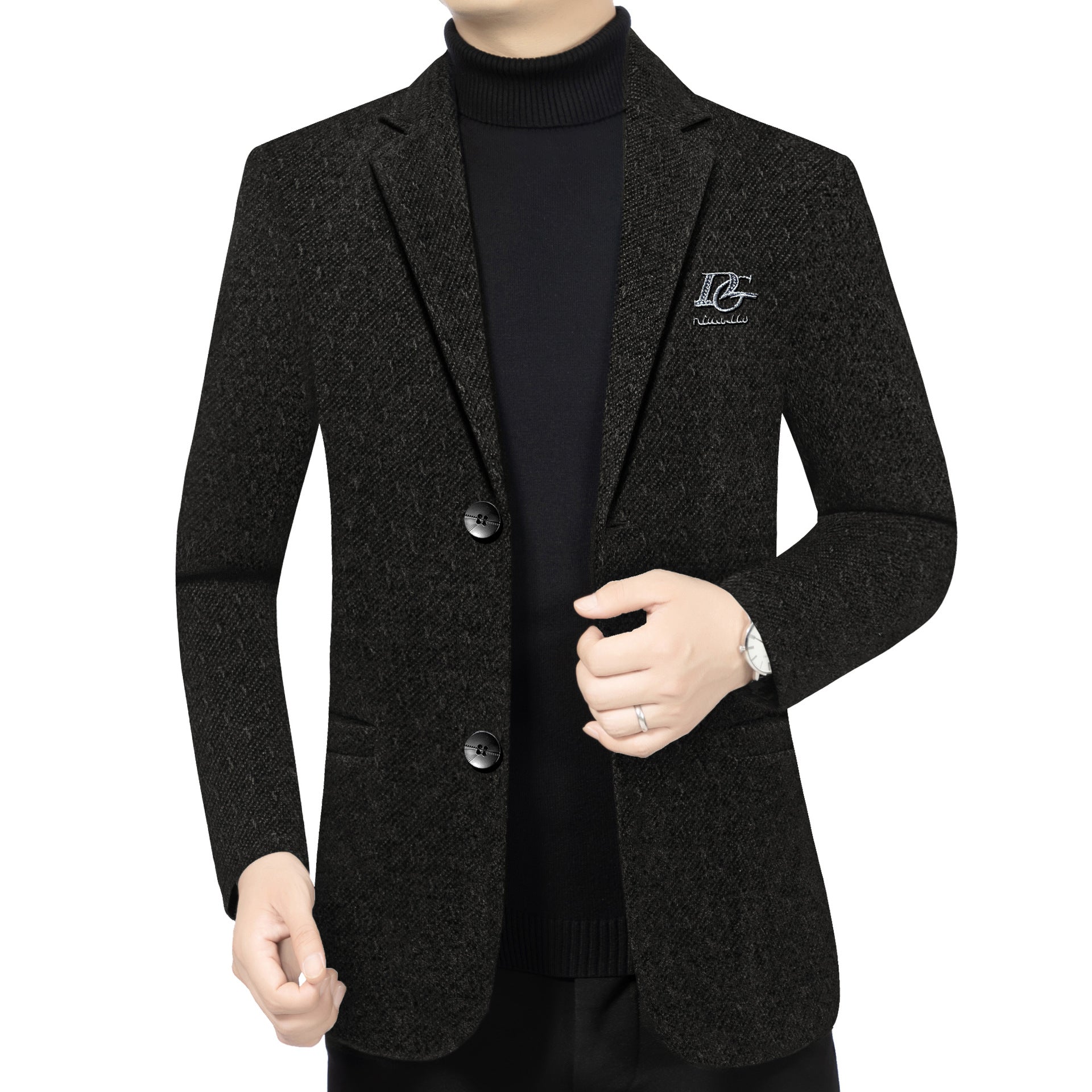 Men's Tailored Wool Blend Blazer in Structured Look with Lapels, Logo Stitch and Two-Button Front Chichicherry