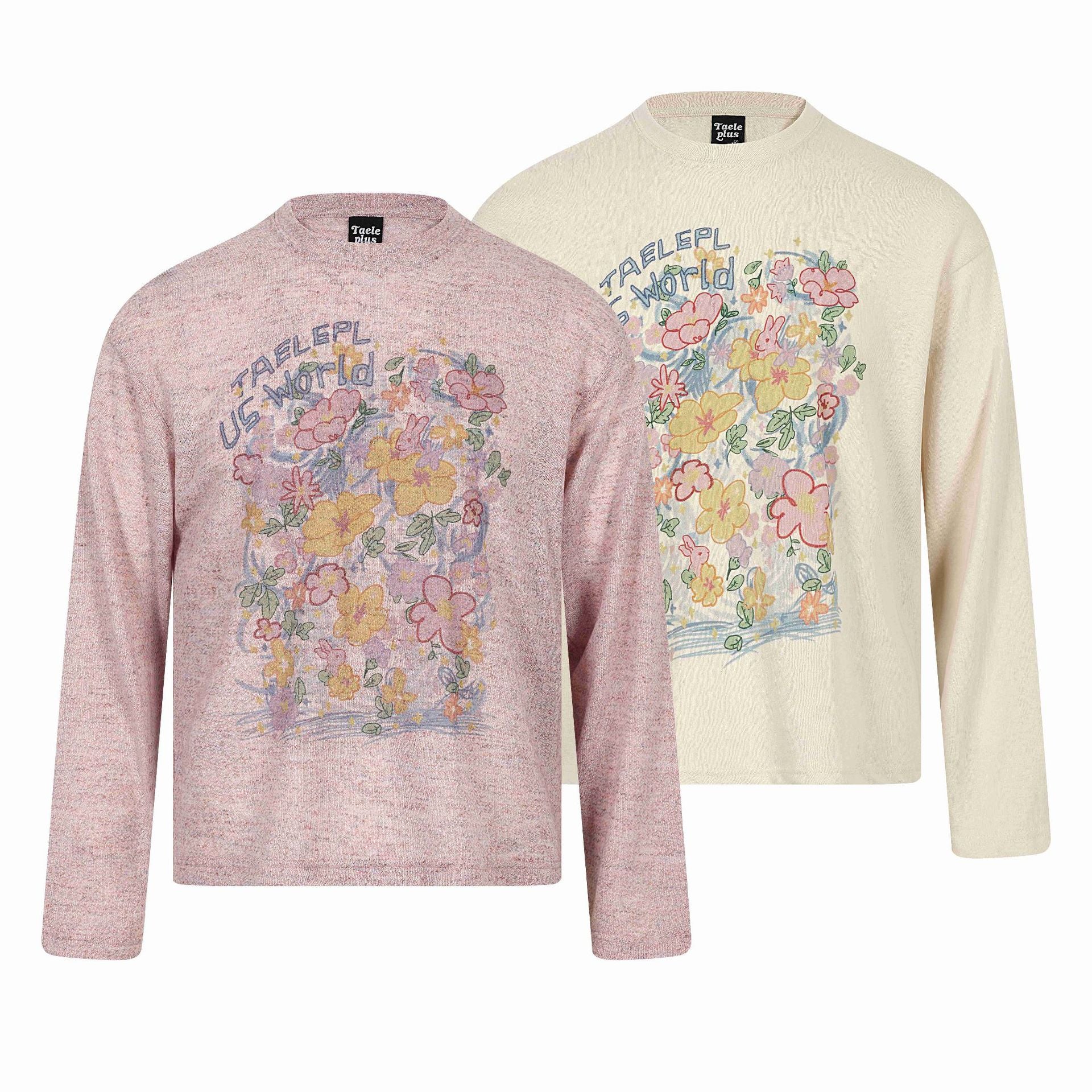Unisex Relaxed-Fit Long Sleeve Shirt with Floral Illustration Graphic and Ribbed Crew Neck
