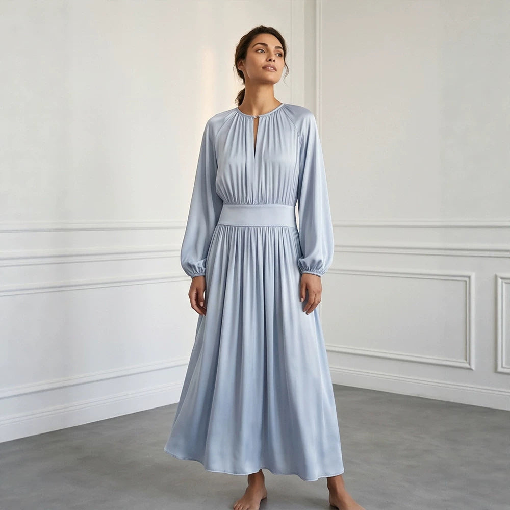 Women's Flowing Midi Dress with Wide Waistband, Gathered Top and Balloon Sleeves Chichicherry