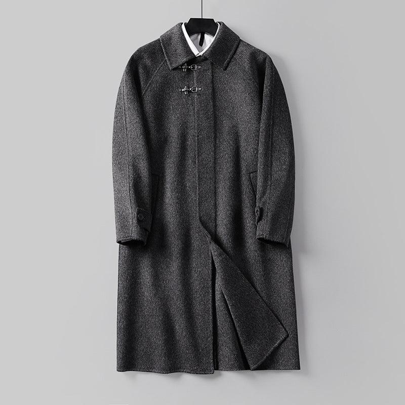 Men's Straight Wool Blend Long Coat with Concealed Front and Decorative Toggle Closures Chichicherry