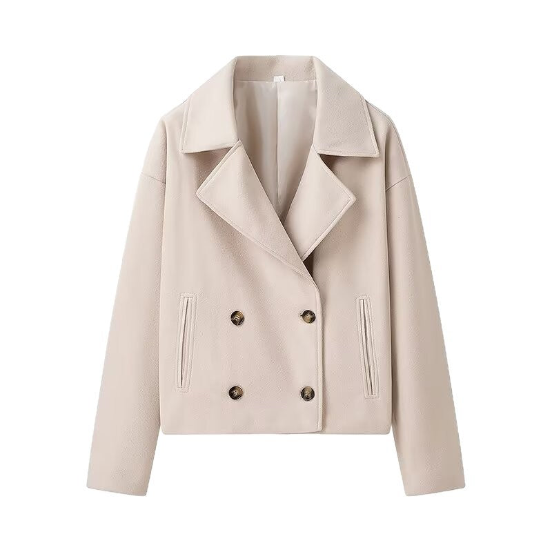 Women's Short Boxy Wool Blend Peacoat with Double-Breasted Button Placket and Patch Pockets Chichicherry