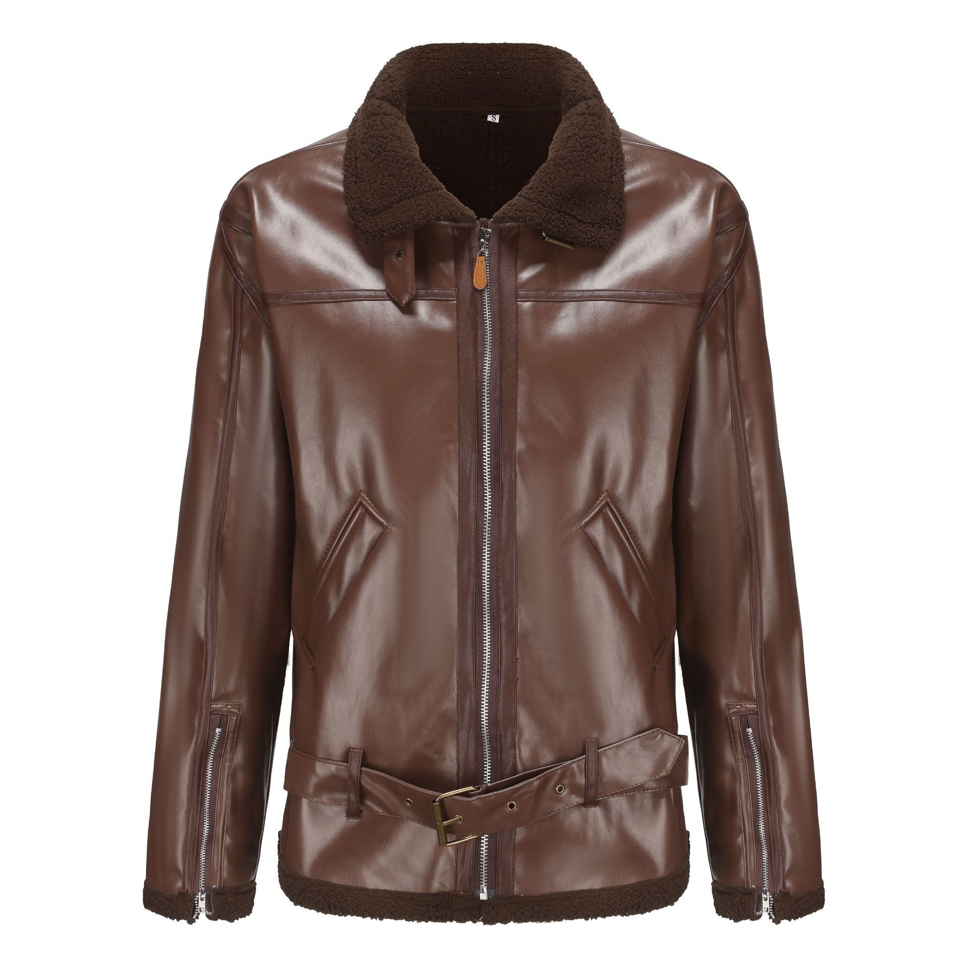 Men's faux leather aviator jacket with teddy lining, zip pockets, and waist belt Chichicherry