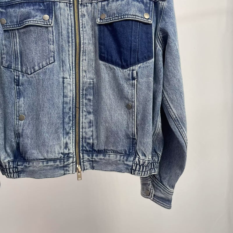 Herren Relaxed Denim-Utility-Jacke mit Stehkragen und kontrastierter Brusttasche Chichicherry