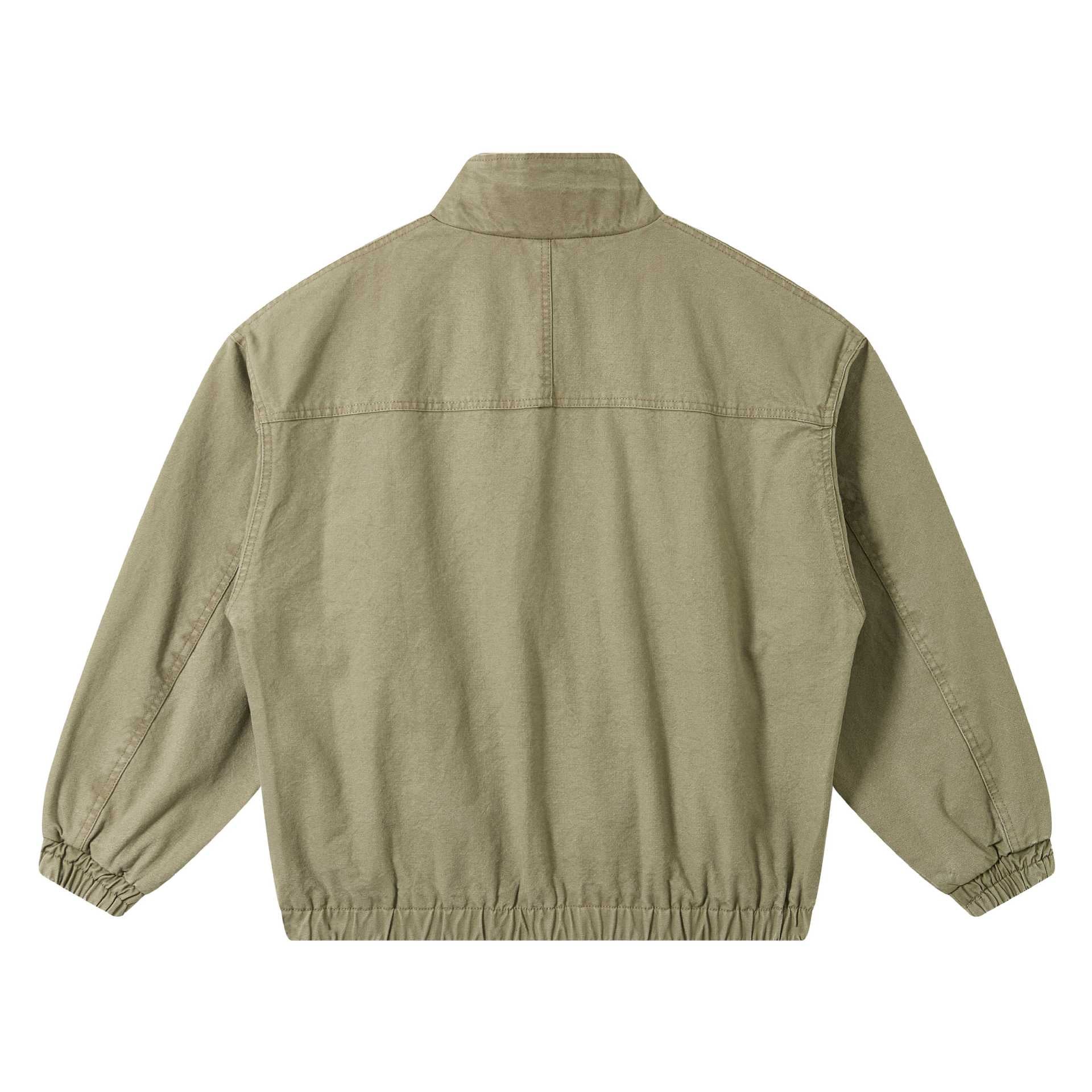Unisex Short Canvas Field Jacket in Utility Look with High Stand Collar and Elastic Hem Chichicherry
