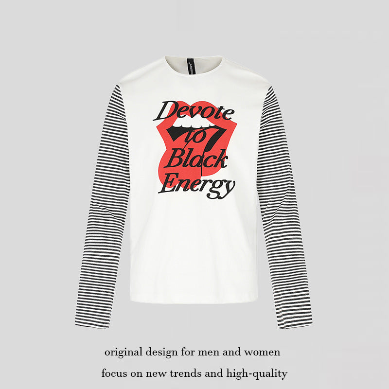 Men's Long Sleeve Shirt with Contrast Stripe Sleeves and Large Lip Statement Print Chichicherry