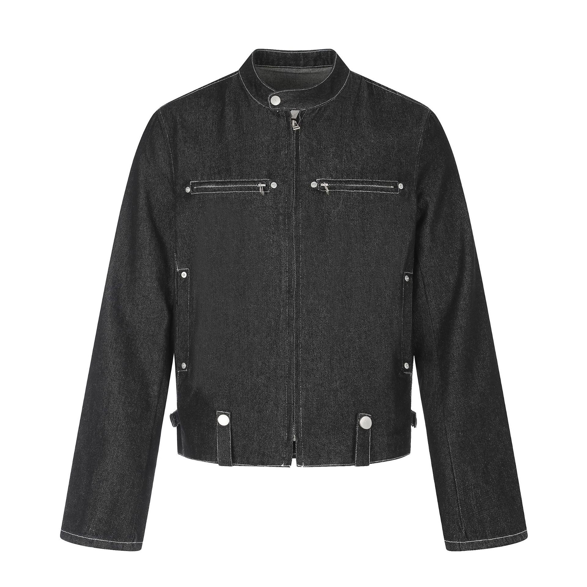 Men's short denim-inspired worker blouson with stand collar, zipper chest pockets, and adjustable waist straps Chichicherry