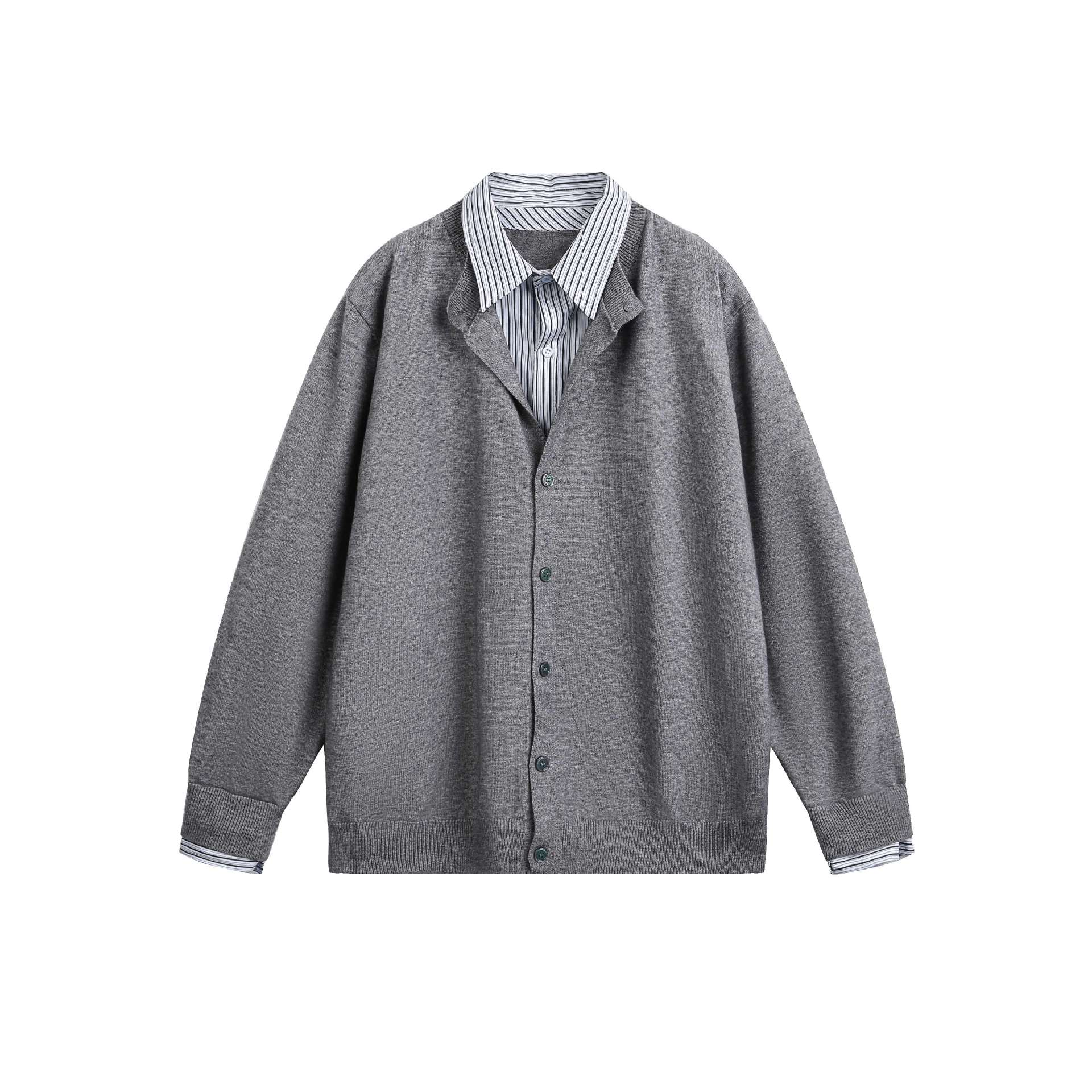 Unisex Layered Look Knit Cardigan with Integrated Shirt Collar and Button Placket Chichicherry