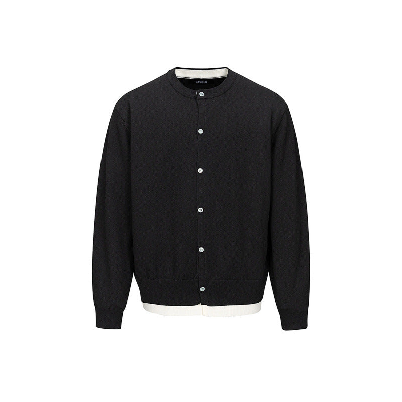 Men's fine knit cardigan with two-layer look, round neck and continuous button placket Chichicherry