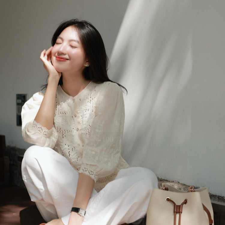 Women's Romantic Crochet Blouse with Continuous Button Placket, V-Neck and Three-Quarter Balloon Sleeves Chichicherry
