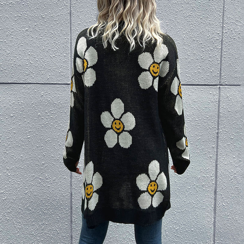 Women's Long Floral Jacquard Knit Cardigan with Oversized Sleeves and Ribbed Cuff Chichicherry