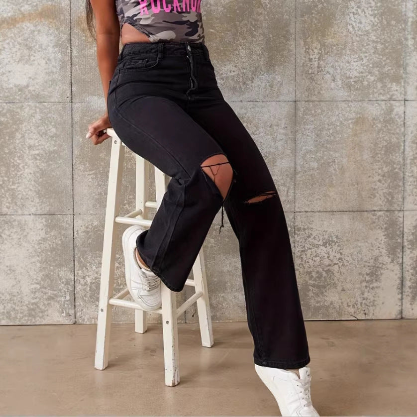 Ladies High-Waist Straight Jeans with wide leg, knee rip and textured denim look Chichicherry