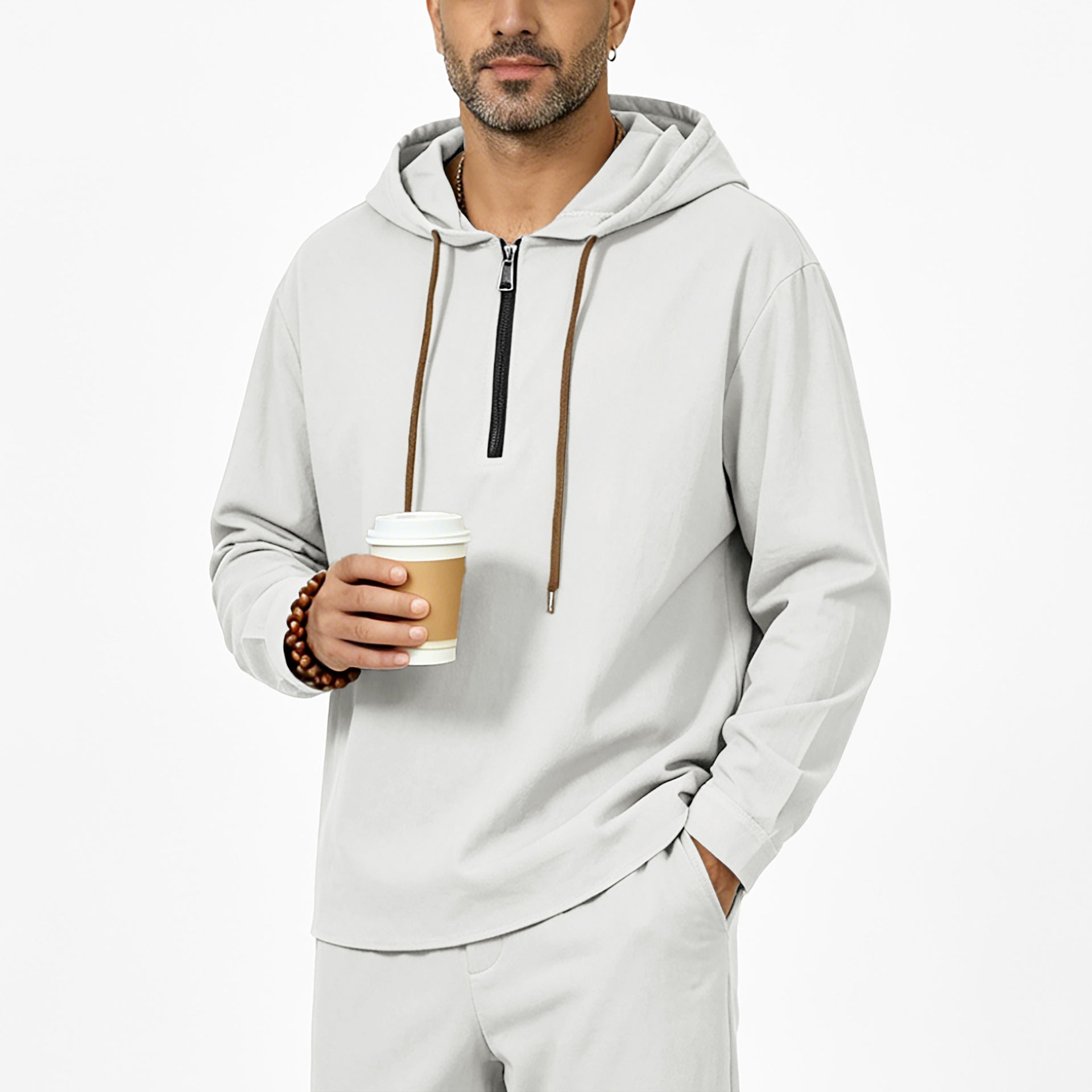 Men's hoodie with half zip, drawstring and rounded hem Chichicherry