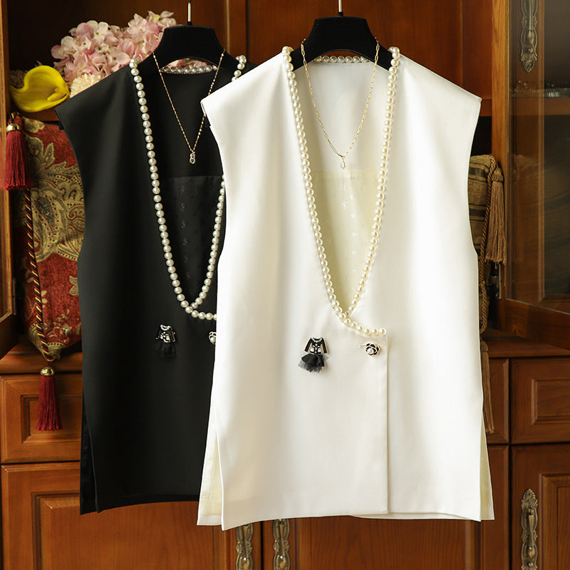 Women's Elegant Blazer Vest with Pearl Decoration Chichicherry