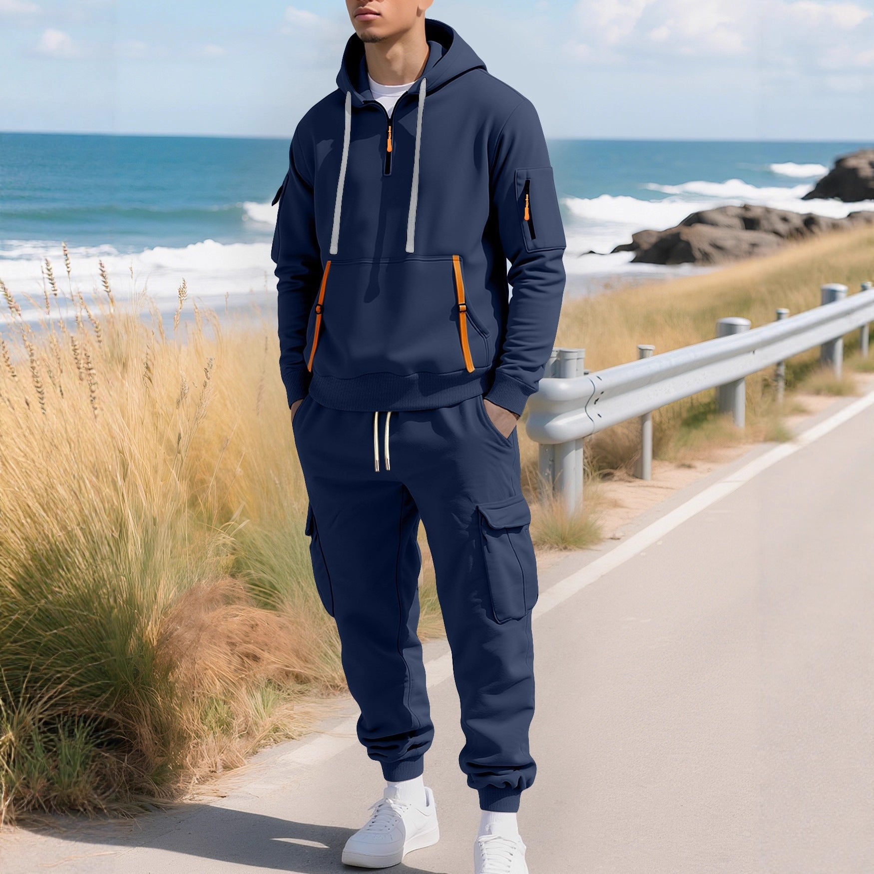 Men's hooded sweatshirt with utility pockets, half-zip and contrasting zippers Chichicherry