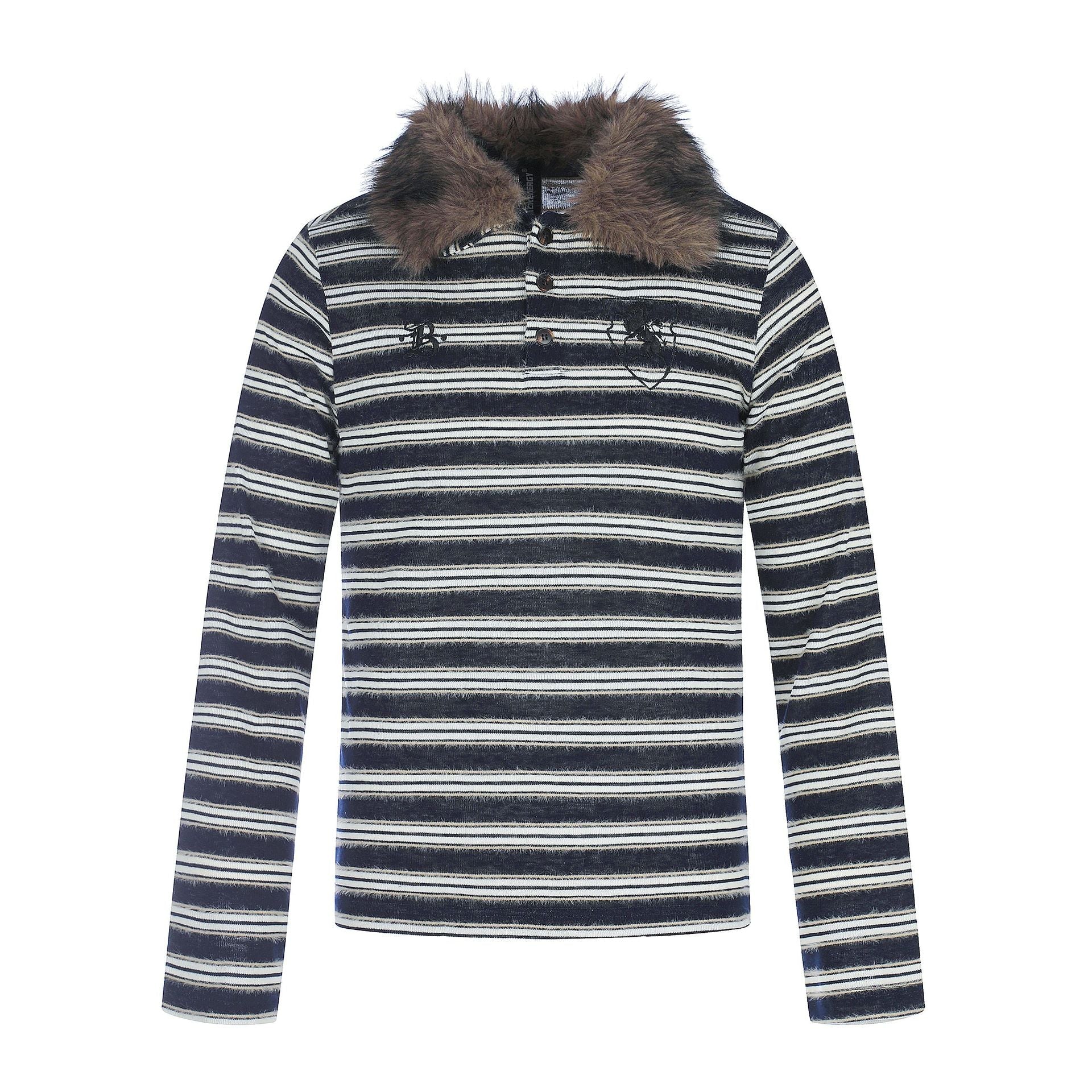 Women's Striped Long Sleeve Polo Shirt with Faux Fur Collar Chichicherry