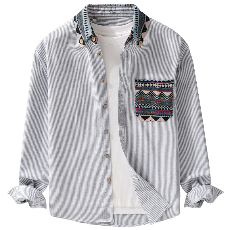 Men's Striped Cotton Shirt with Jacquard Collar and Pocket Trim Chichicherry