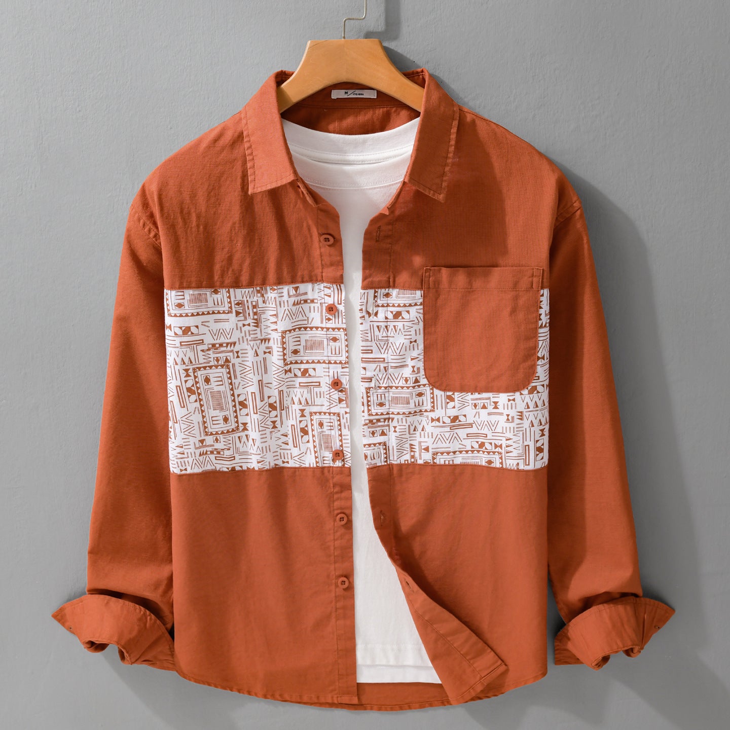 Men's Long Sleeve Shirt with Graphic Chest Panel and Patch Chest Pocket Chichicherry