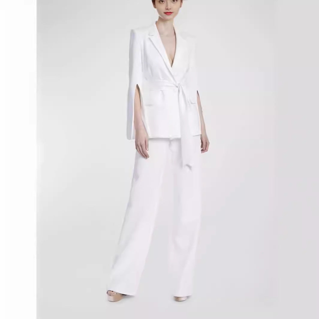 Women Tailored Cape Blazer with Tie Belt and Wide Palazzo Pants Chichicherry