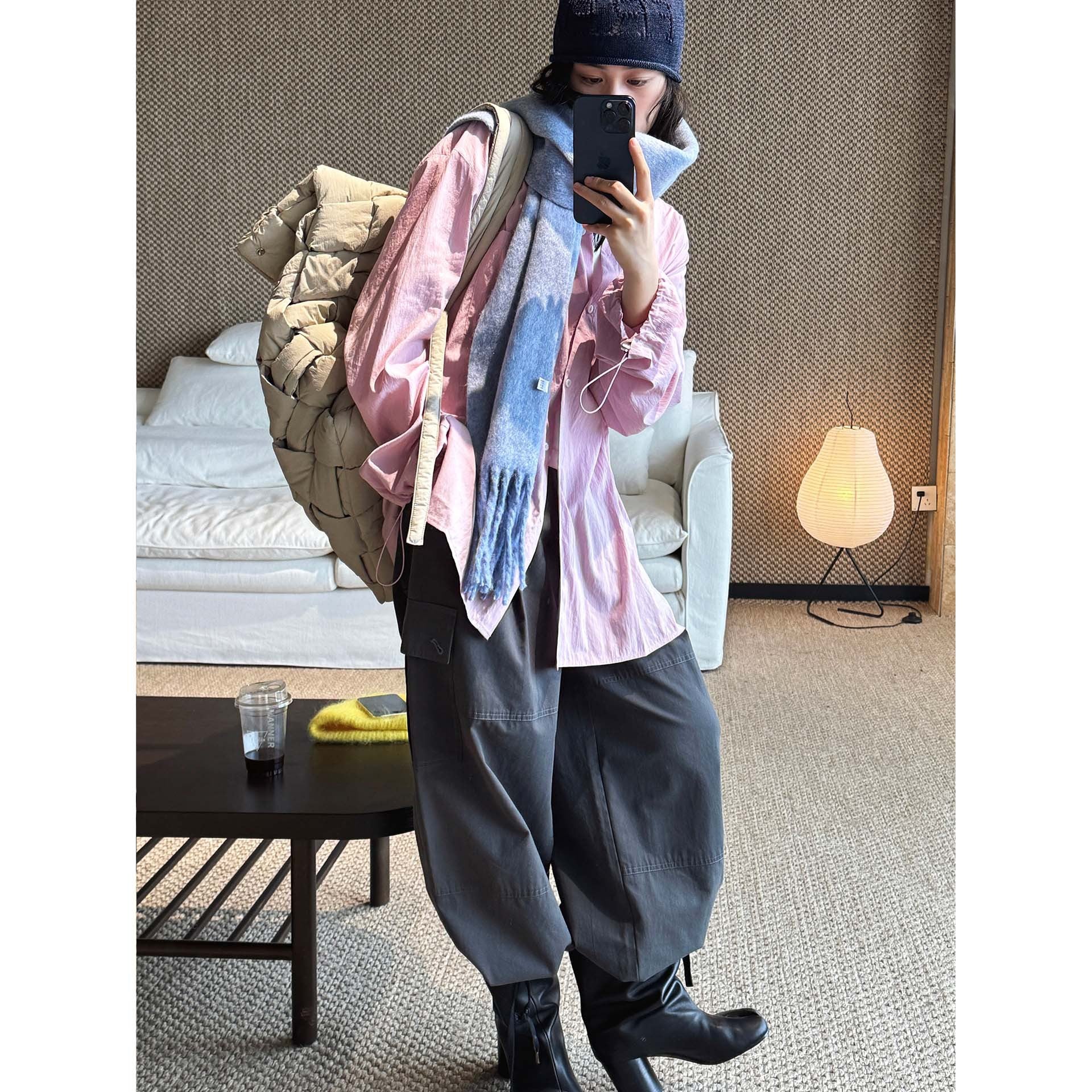Women Oversized Shirt Blouse with Crinkle Look and Elastic Sleeve Cuffs Chichicherry