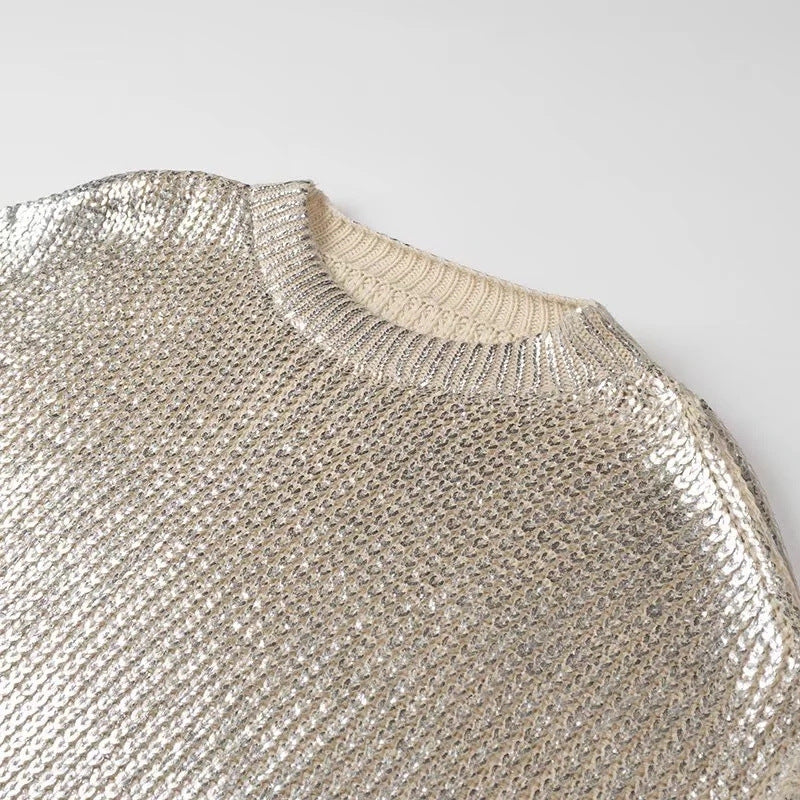 Women Shiny Oversize Knit Sweater with Shoulder Cutouts Chichicherry