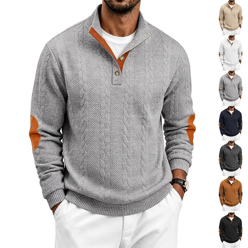 Men's Noble Cable Knit Sweater with Short Button Placket and Elbow Patches Chichicherry