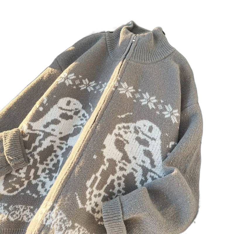 Unisex Übergroße Strickjacke mit durchgehendem Reißverschluss, hohem Rippkragen und Eulen-Intarsien Chichicherry