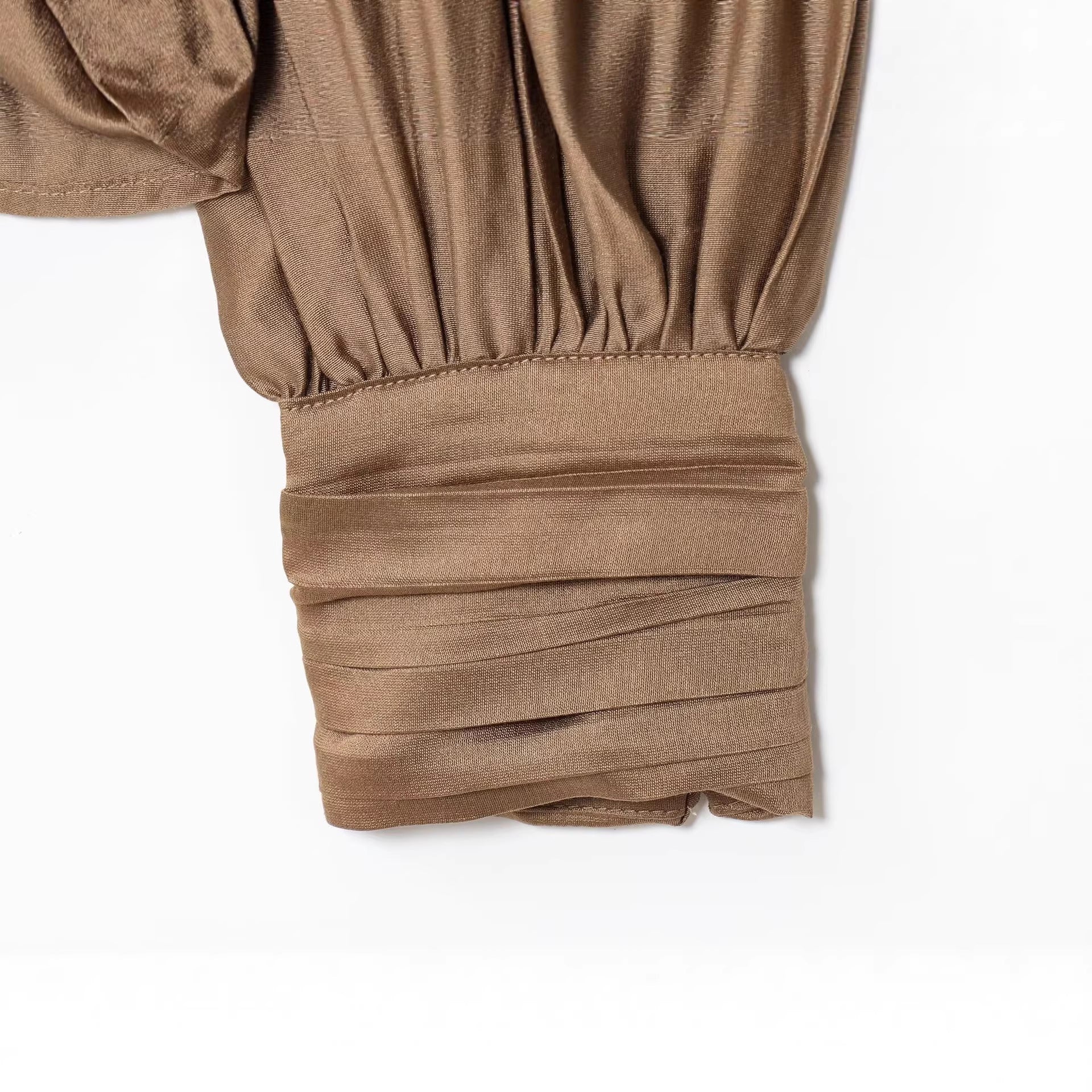 Women's Pleated Satin Blouse with Stand Collar and Balloon Sleeves Chichicherry