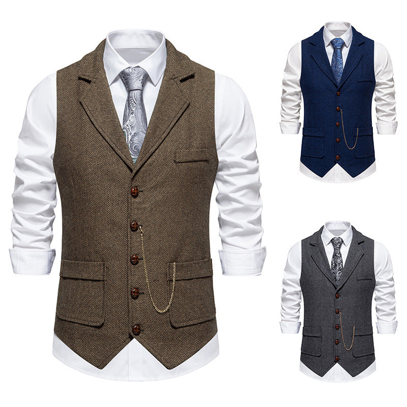 Men's Tailored Suit Vest with Shawl Collar Look, Flap Pockets and Decorative Watch Chain Chichicherry