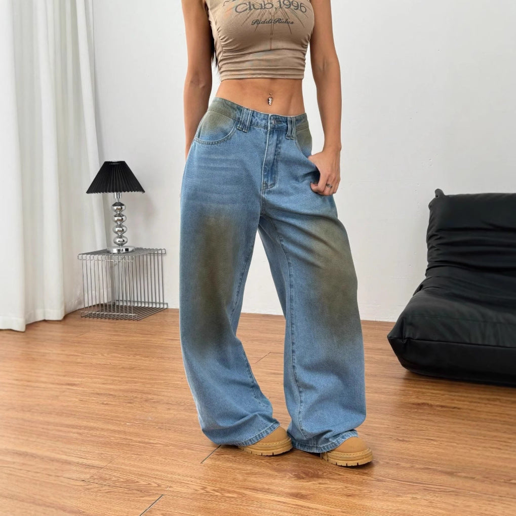 Ladies wide high-waist jeans in vintage wash with faded spot look and extra wide leg Chichicherry