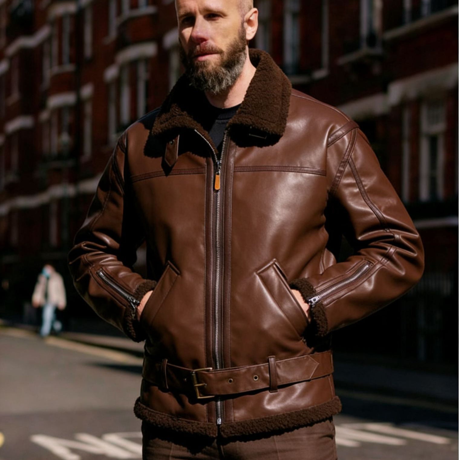 Men's Faux Leather Flight Jacket with Teddy Lining, Zippers and Stand Collar Chichicherry