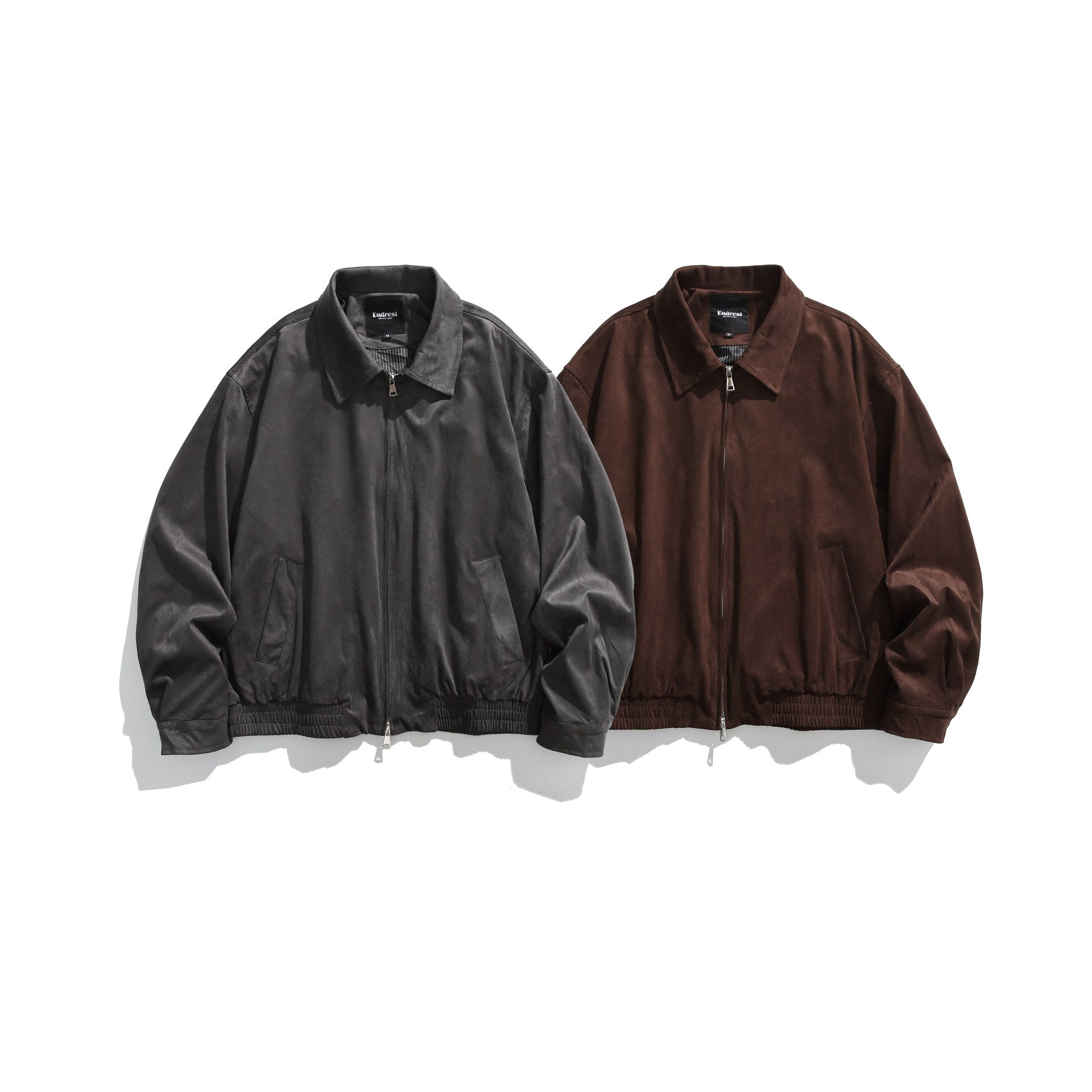 Men's short-cut velour blouson with shirt collar, two-way zipper, and elastic hem