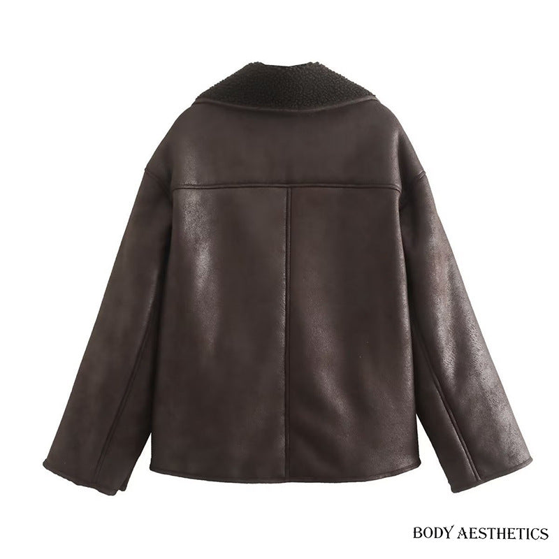 Women Short Jacket in Lambskin Look with Teddy Lining and Button Placket Chichicherry
