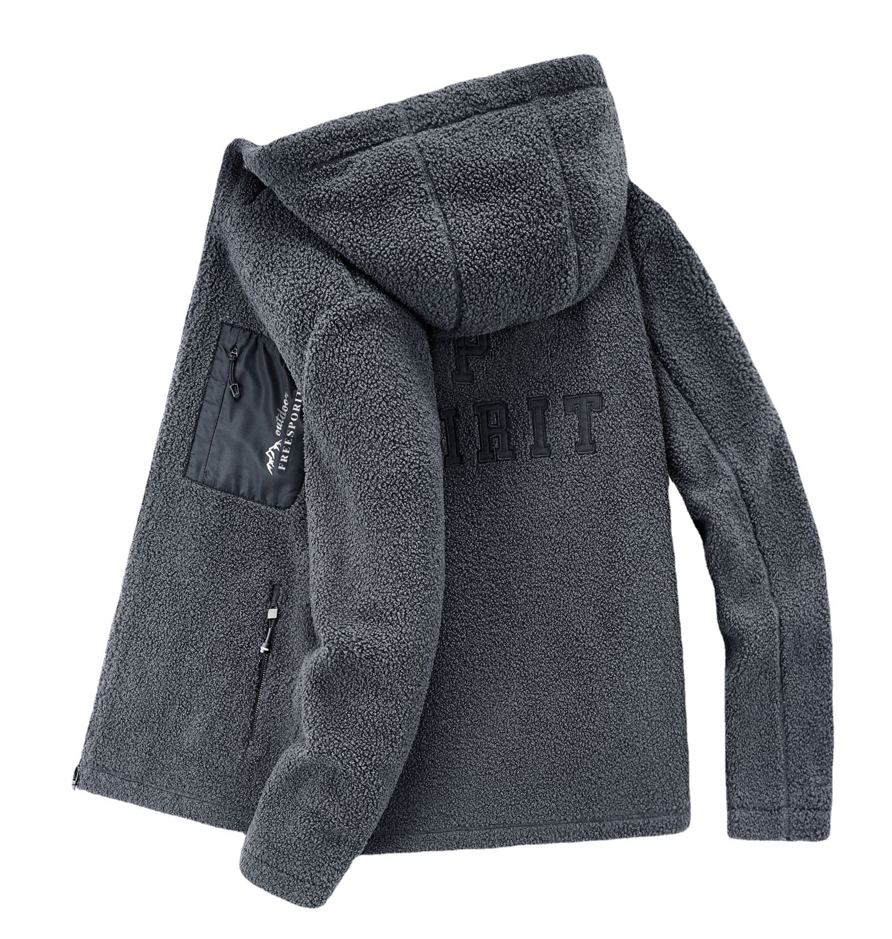 Men's teddy fleece hoodie with nylon chest pocket and two-way zipper Chichicherry