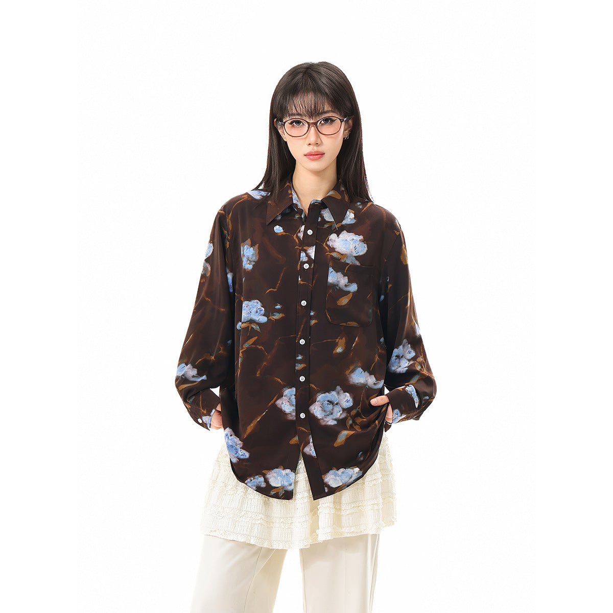 Women's Oversized Shirt Blouse with Abstract Floral Print and Patch Chest Pocket Chichicherry