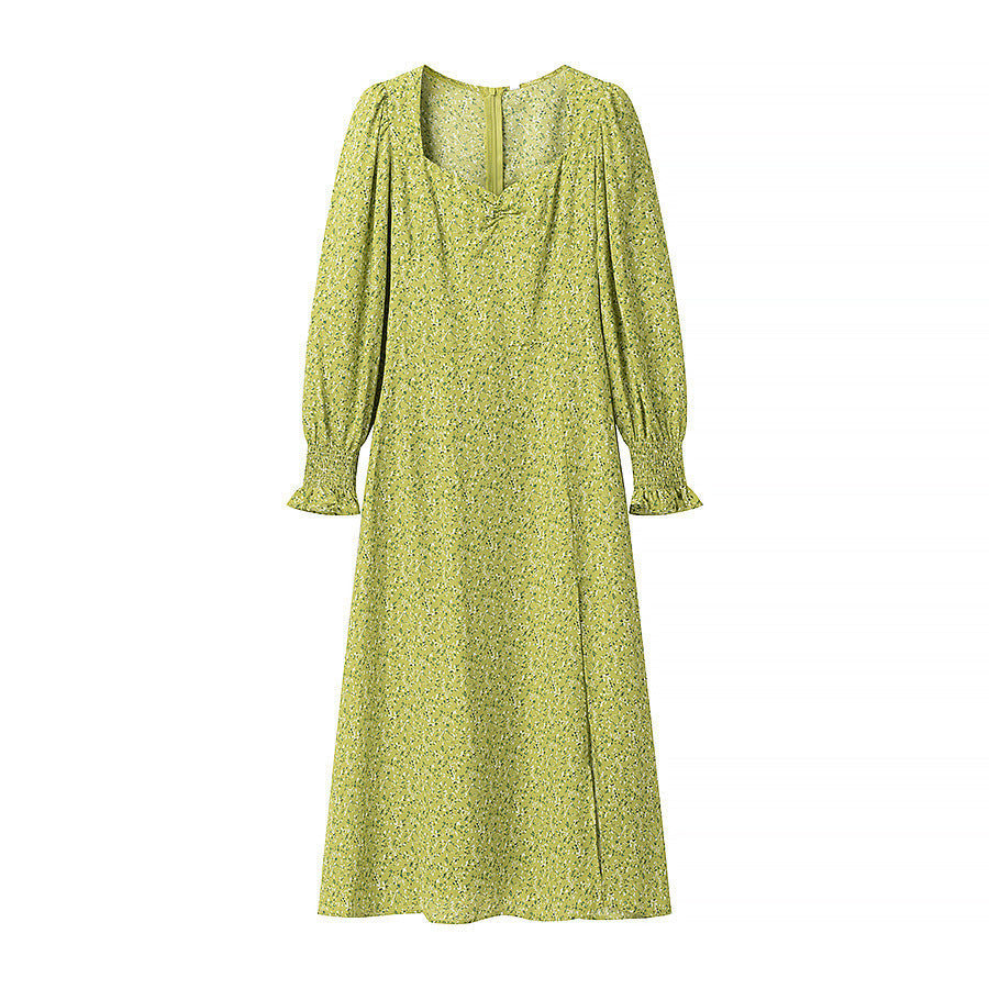 Ladies' midi dress with heart neckline, gathered balloon sleeves and A-line silhouette Chichicherry