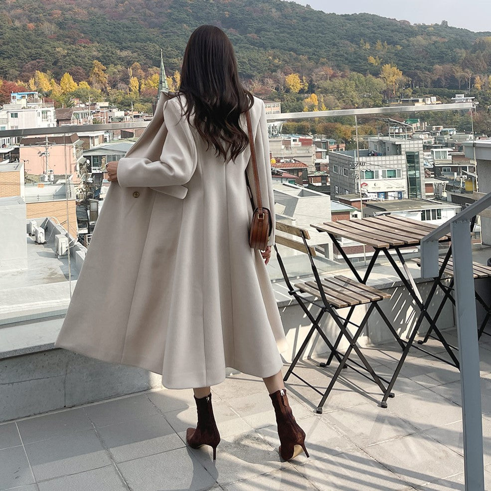 Women's Mid-length tailored A-line wool blend coat with flared skirt and golden decorative buttons Chichicherry