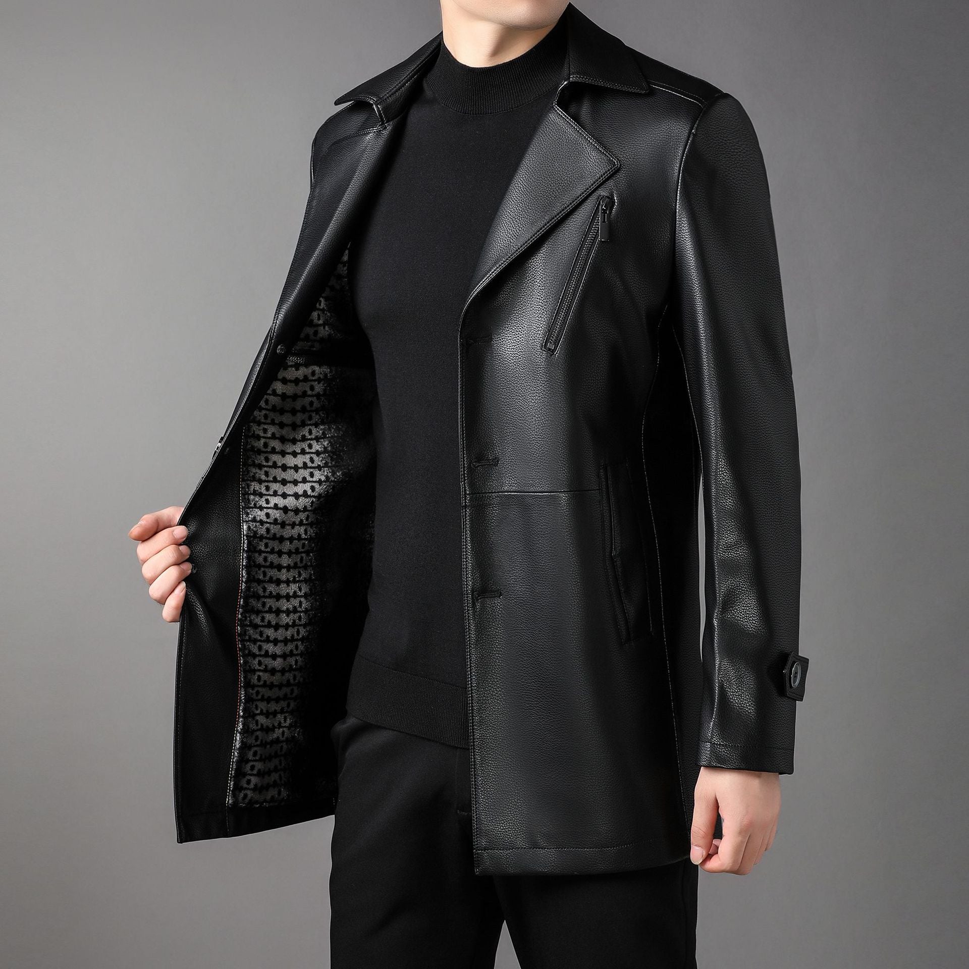 Men's long leather coat with lapel collar and chest zip Chichicherry