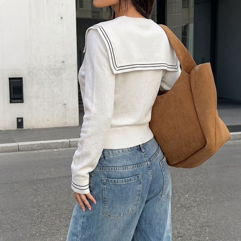 Women Sailor Collar Sweater with Bow Detail and Fine Ribbed Hem Chichicherry