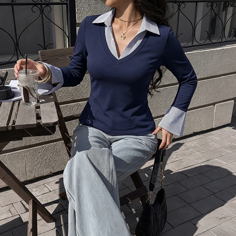 Women Fitted Layering Long Sleeve Shirt with Shirt Collar and Flared Cuffs Chichicherry