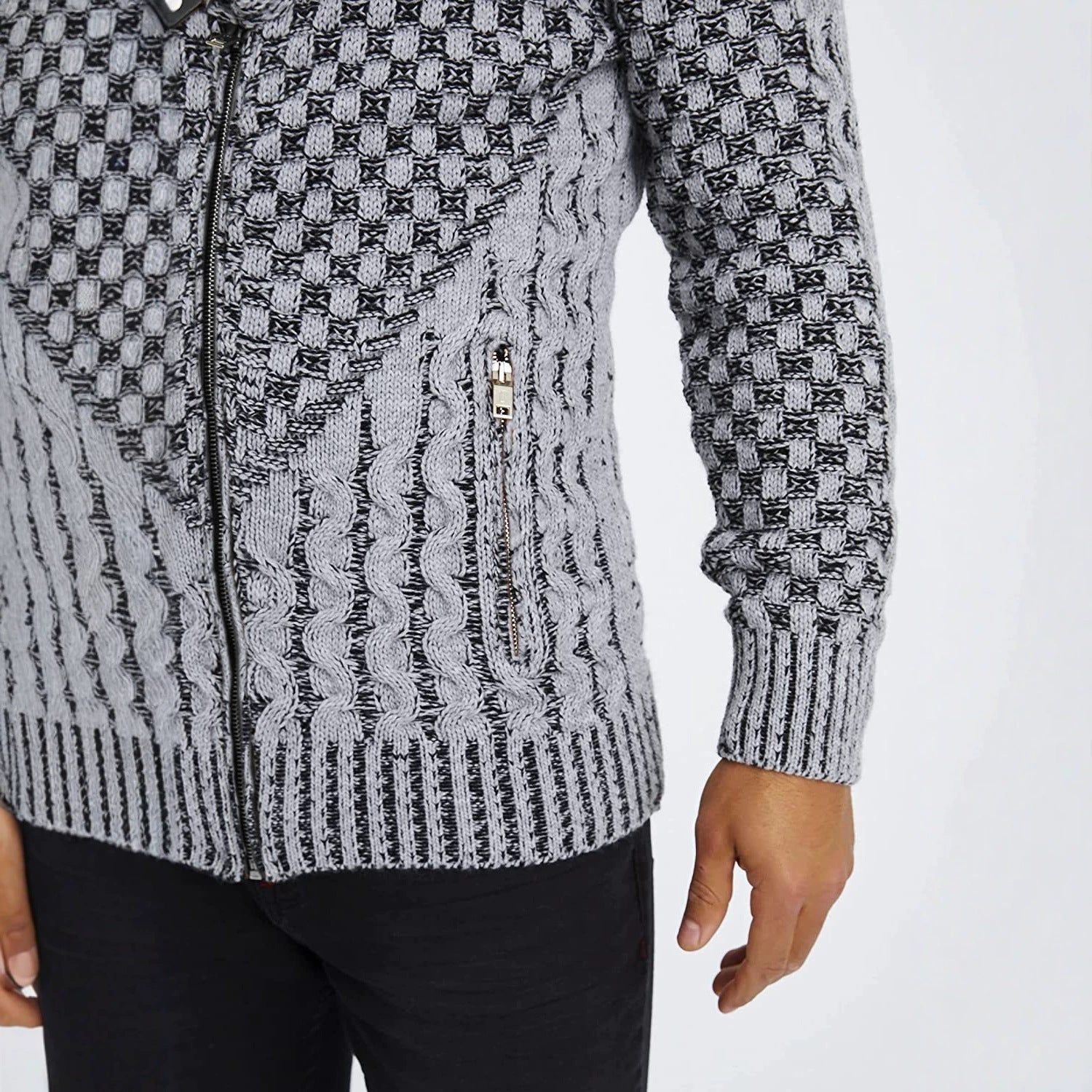 Men's chunky knit cardigan with asymmetric wrap collar and zipper Chichicherry