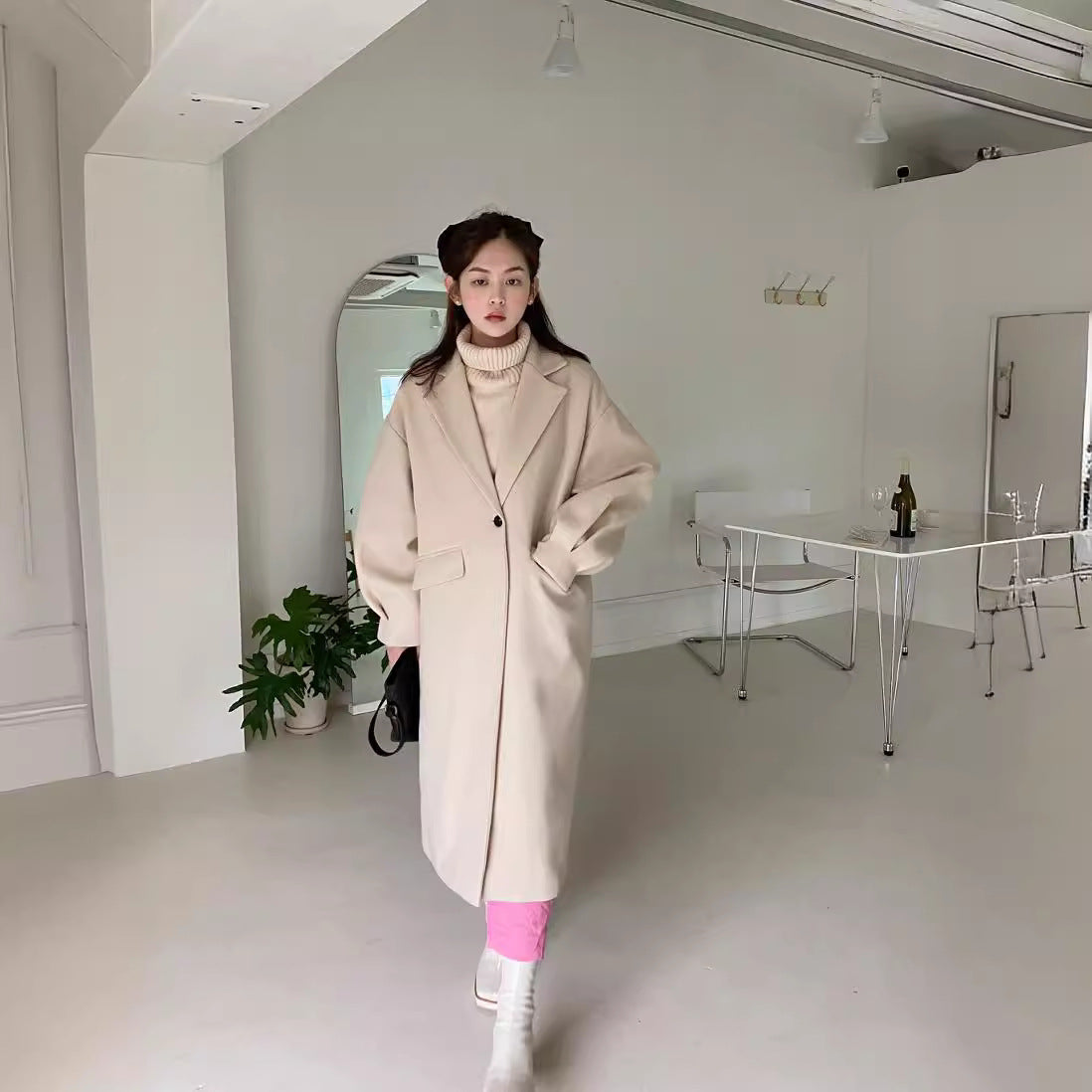 Women Longline Wool Blend Coat with boxy oversized fit and clean lapel Chichicherry