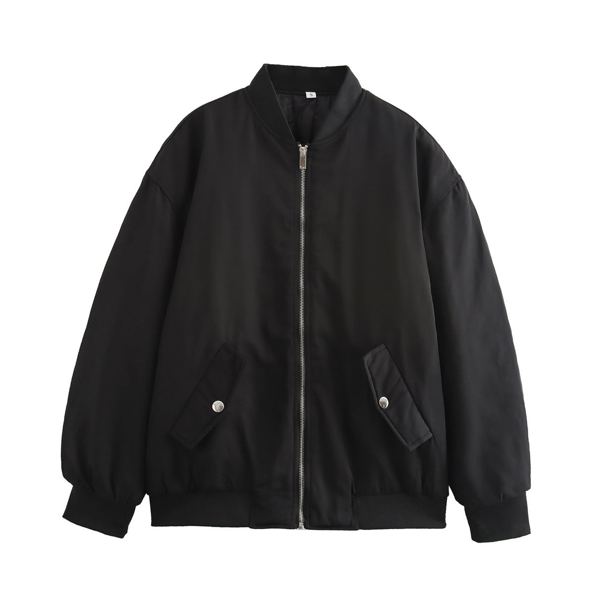 Women Boxy Bomber Jacket in Oversized Look with Zipper and Slanted Flap Pockets Chichicherry