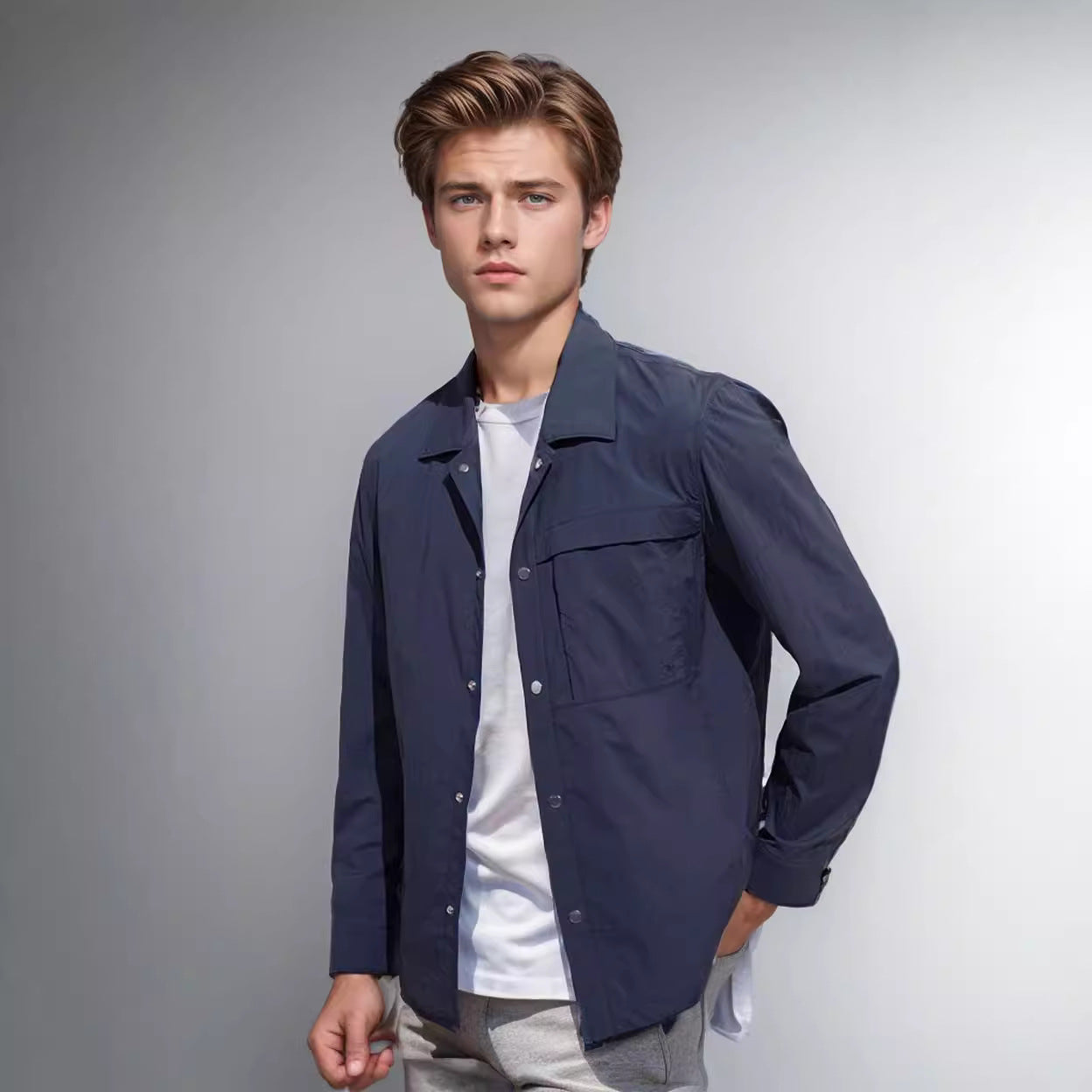 Herren Leichtes Utility-Overshirt mit Pattentaschen und Druckknopfleiste Chichicherry