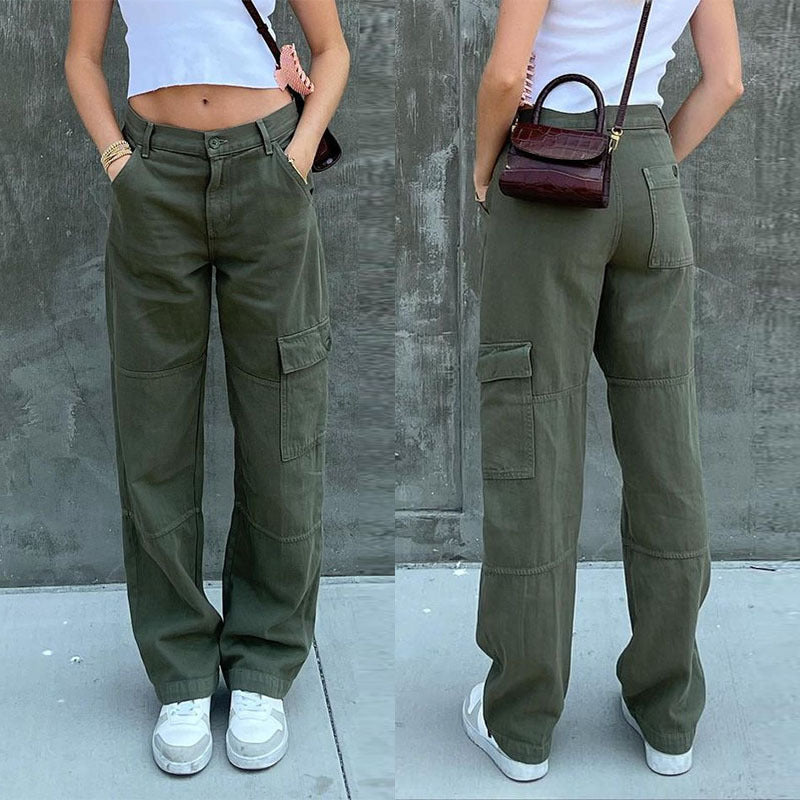 Ladies High-Waisted Relaxed Cargo Pants with Wide Leg and Knee Pleats Chichicherry