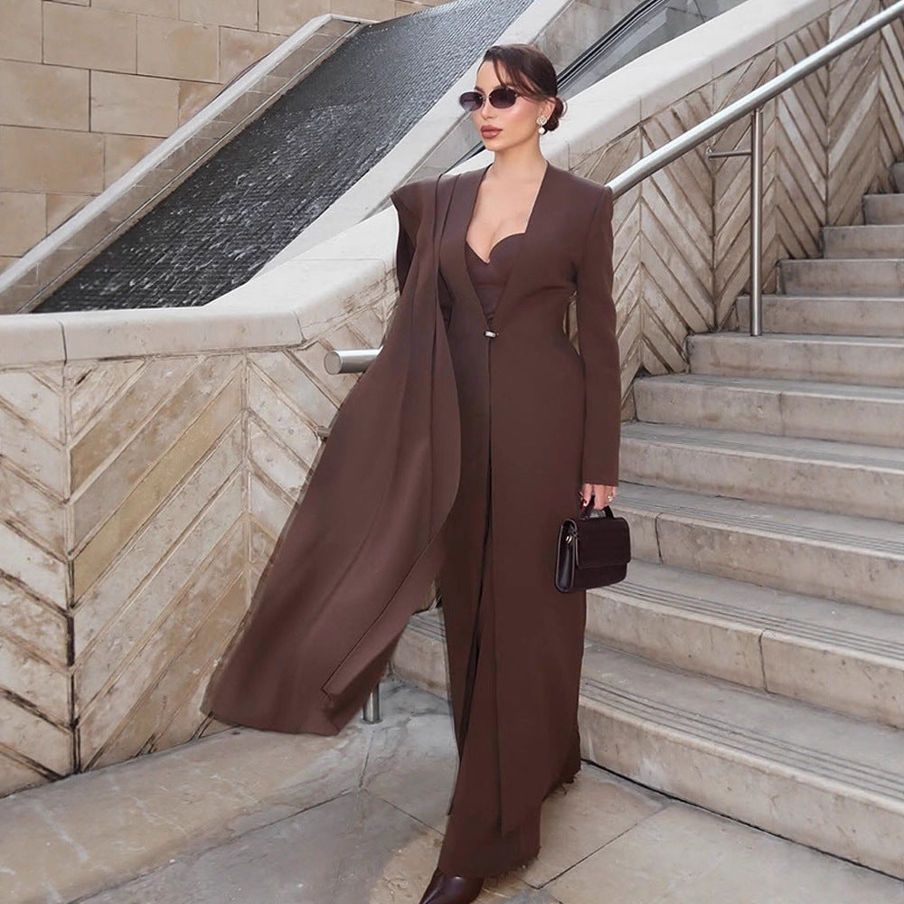 Women Elegant Coat Dress with Cape Shoulder and Tailored Silhouette Chichicherry