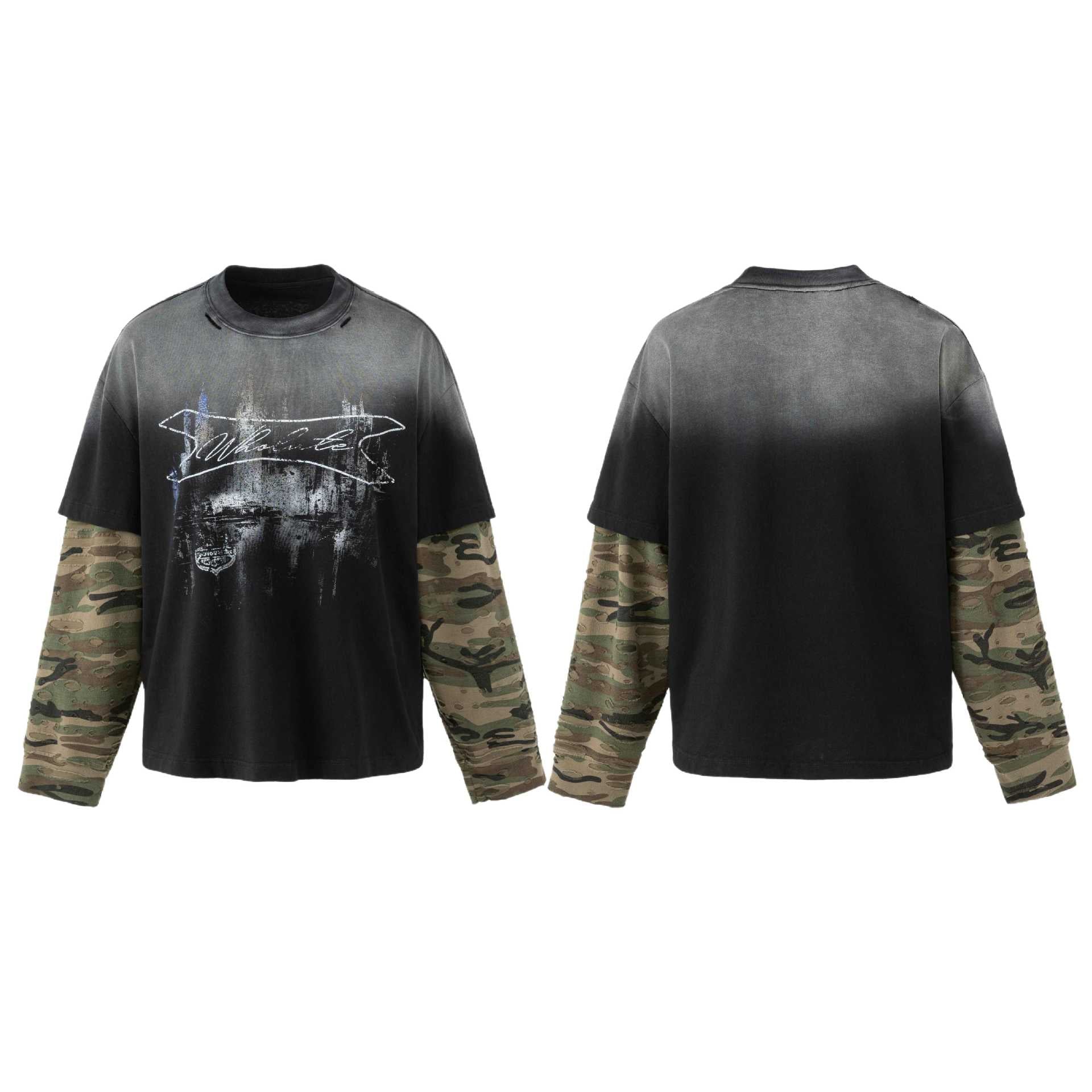 Men's loose-fitting layered look T-shirt with used effect and camouflage sleeves Chichicherry